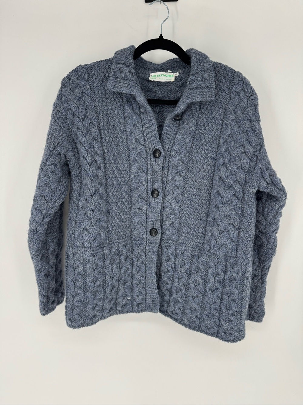 Glencee wool blue Cable-Knit Button-Front Cardigan Sweater made in Ireland
